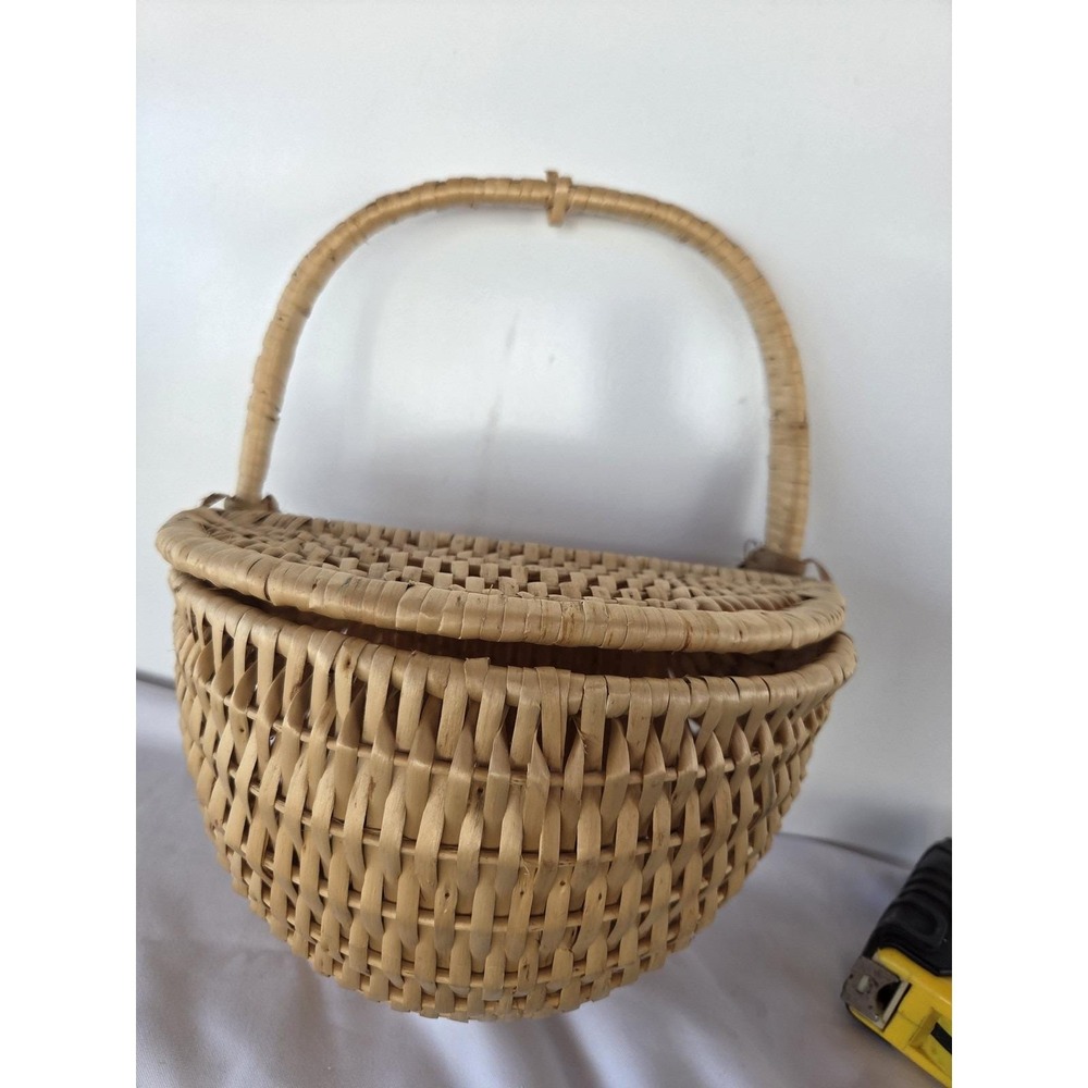 Vintage Small Woven Wicker Basket w Handle D Shape Farmhouse Cottage Decor